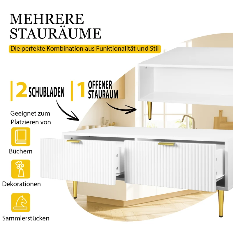 Table basse blanche moderne avec poignées et pieds dorés 2 tiroirs design à rayures verticales STRUX WHITE