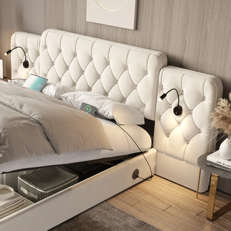 Lit coffre queen en velours beige grand tête de lit, porte USB et 2 lampes 160x200 cm VERTEXKRYNNATH
