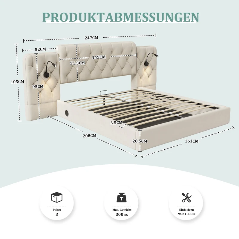 Lit coffre queen en velours beige grand tête de lit, porte USB et 2 lampes 160x200 cm VERTEXKRYNNATH