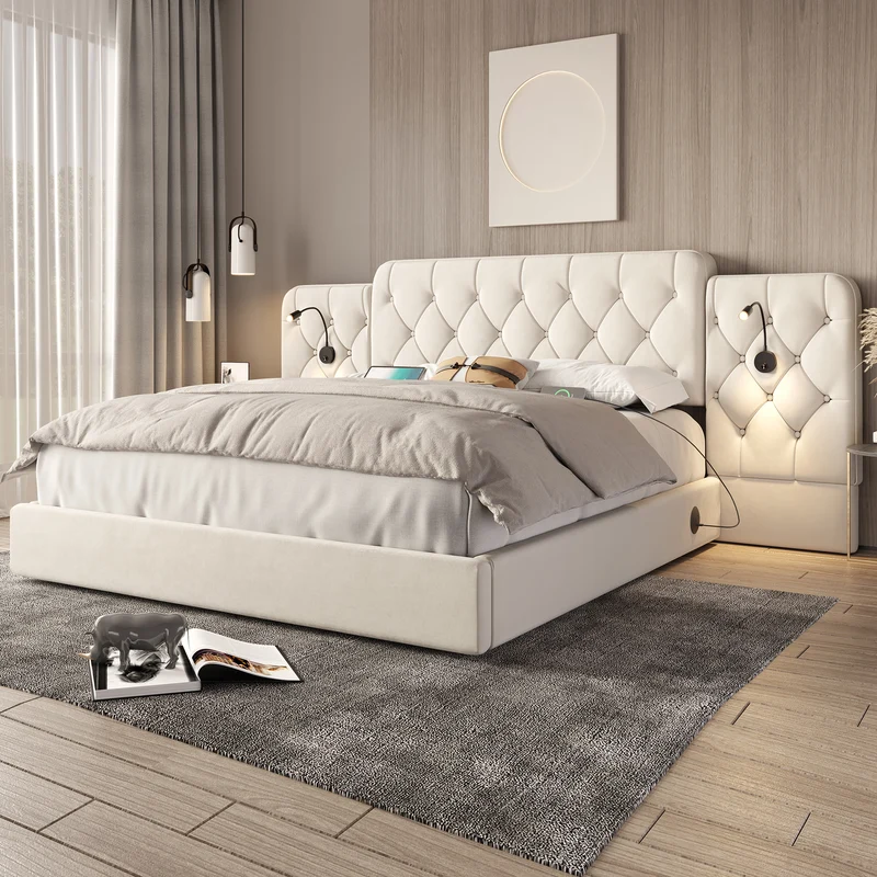 Lit coffre queen en velours beige grand tête de lit, porte USB et 2 lampes 160x200 cm VERTEXKRYNNATH