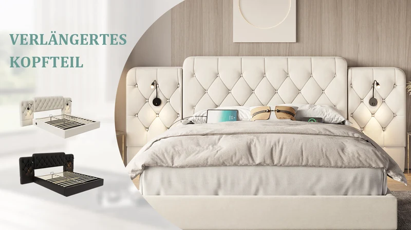 Lit coffre queen en velours beige grand tête de lit, porte USB et 2 lampes 160x200 cm VERTEXKRYNNATH