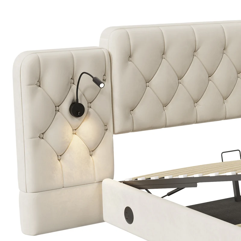 Lit coffre queen en velours beige grand tête de lit, porte USB et 2 lampes 160x200 cm VERTEXKRYNNATH