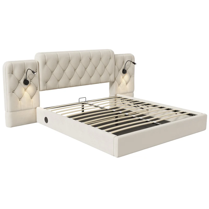 Lit coffre queen en velours beige grand tête de lit, porte USB et 2 lampes 160x200 cm VERTEXKRYNNATH