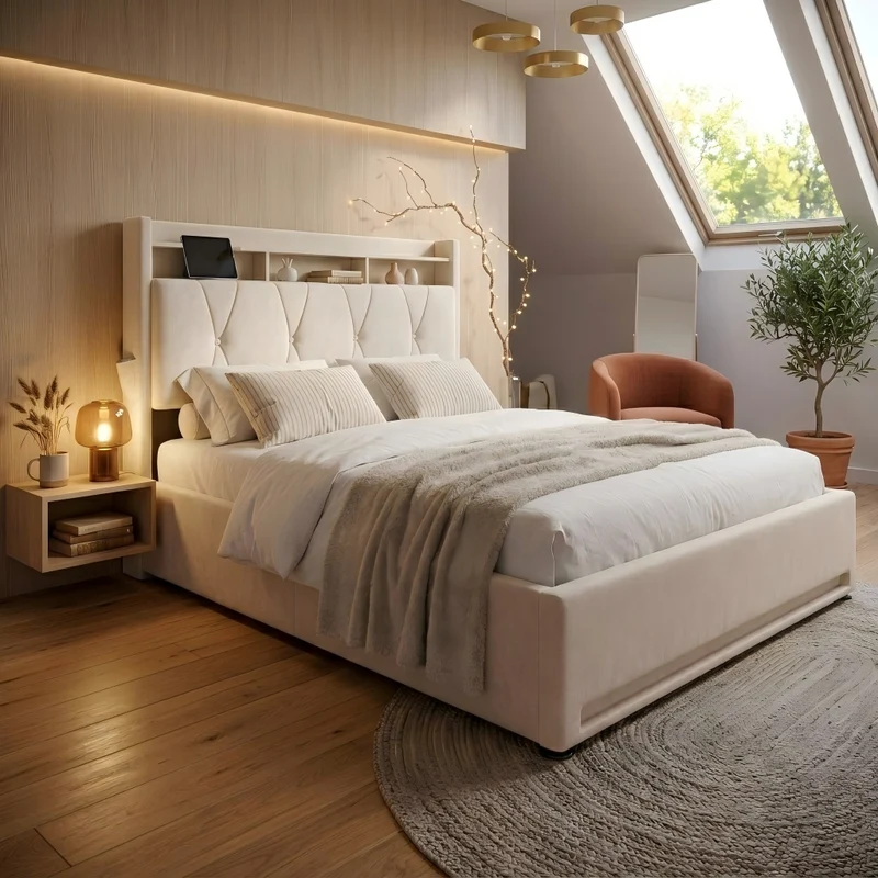 Lit coffre double velours beige avec éclairage LED, rangement et USB Type-C 160x200cm VERTEXZORATHYN