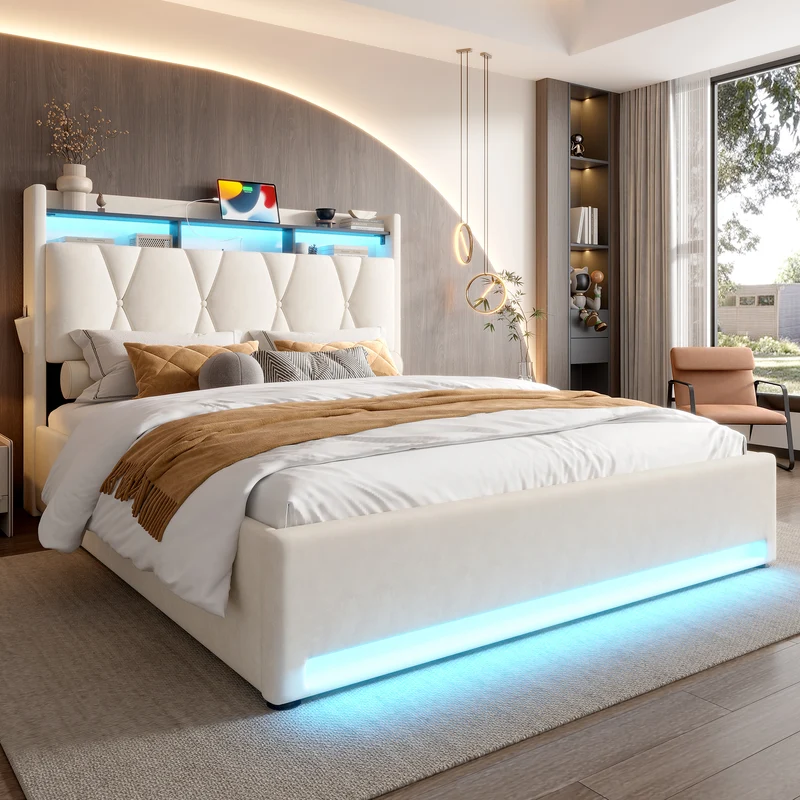 Lit coffre double velours beige avec éclairage LED, rangement et USB Type-C 160x200cm VERTEXZORATHYN