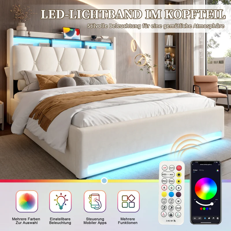 Lit coffre double velours beige avec éclairage LED, rangement et USB Type-C 160x200cm VERTEXZORATHYN