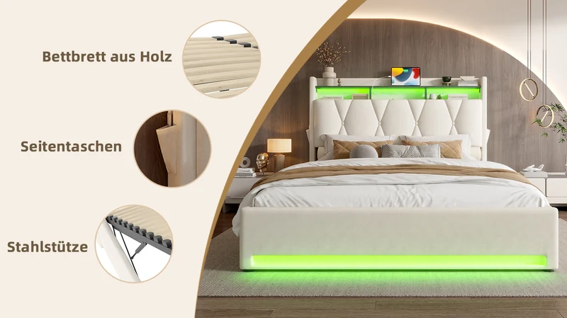 Lit coffre double velours beige avec éclairage LED, rangement et USB Type-C 160x200cm VERTEXZORATHYN
