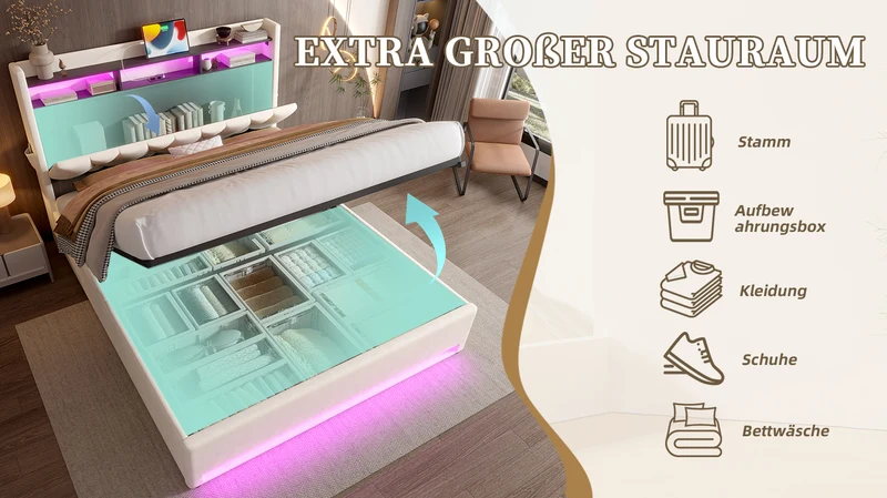 Lit coffre double velours beige avec éclairage LED, rangement et USB Type-C 160x200cm VERTEXZORATHYN