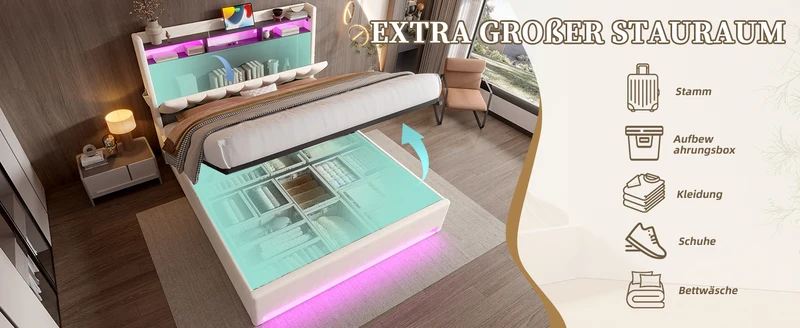 Lit coffre double velours beige avec éclairage LED, rangement et USB Type-C 160x200cm VERTEXZORATHYN