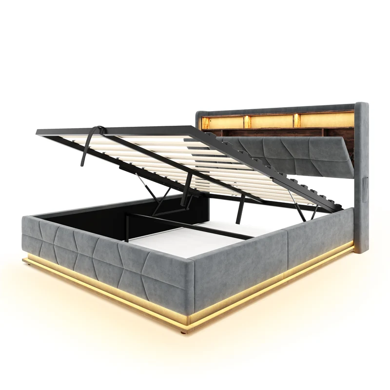 Lit coffre queen en velours gris foncé avec LED, ports USB/Type-C 160x200cm VERTEXRYLATH