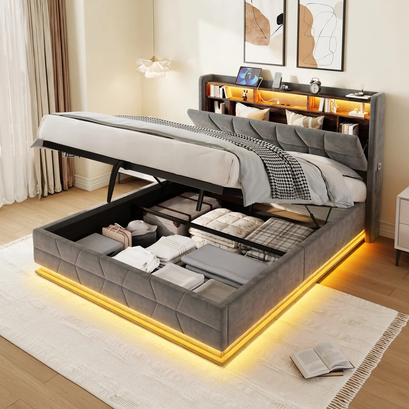 Lit coffre queen en velours gris foncé avec LED, ports USB/Type-C 160x200cm VERTEXRYLATH
