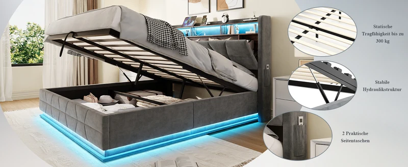 Lit coffre queen en velours gris foncé avec LED, ports USB/Type-C 160x200cm VERTEXRYLATH