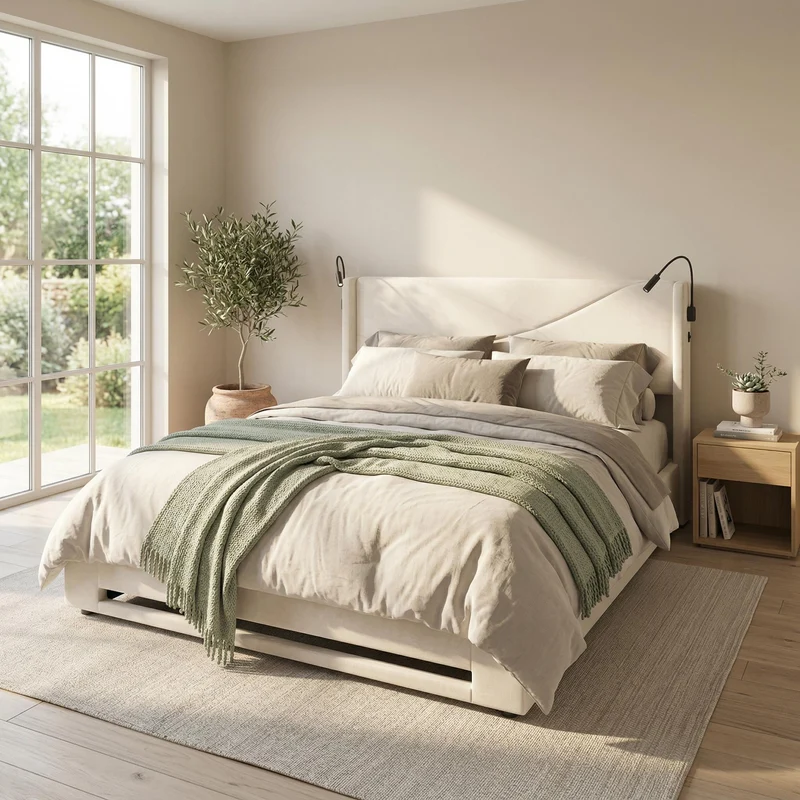 Lit double coffre velours beige avec LED, lampes de lecture et Ports USB 140x200cm VERTEXVALTHYN