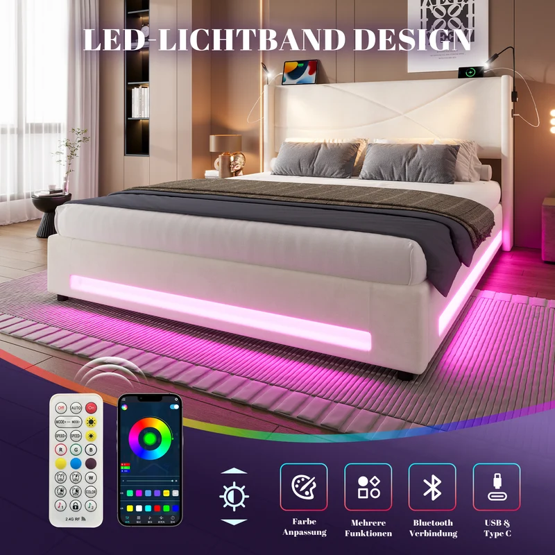Lit double coffre velours beige avec LED, lampes de lecture et Ports USB 140x200cm VERTEXVALTHYN