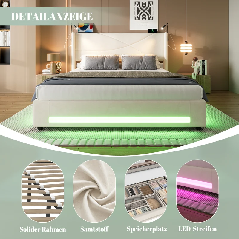 Lit double coffre velours beige avec LED, lampes de lecture et Ports USB 140x200cm VERTEXVALTHYN