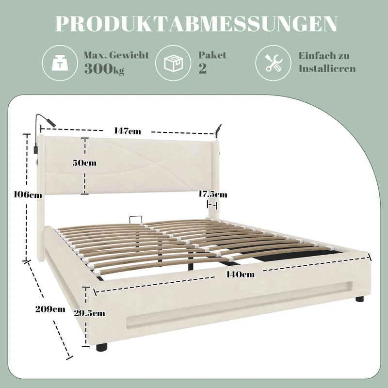 Lit double coffre velours beige avec LED, lampes de lecture et Ports USB 140x200cm VERTEXVALTHYN