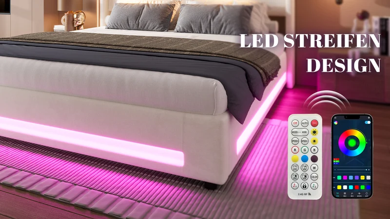 Lit double coffre velours beige avec LED, lampes de lecture et Ports USB 140x200cm VERTEXVALTHYN
