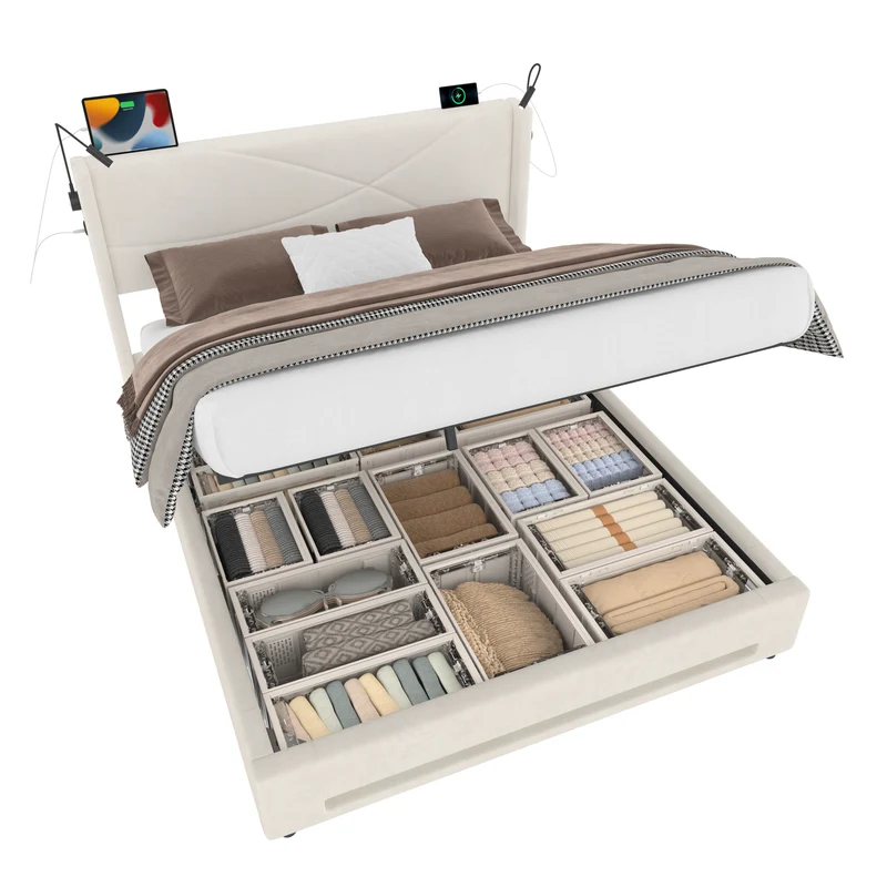 Lit double coffre velours beige avec LED, lampes de lecture et Ports USB 140x200cm VERTEXVALTHYN