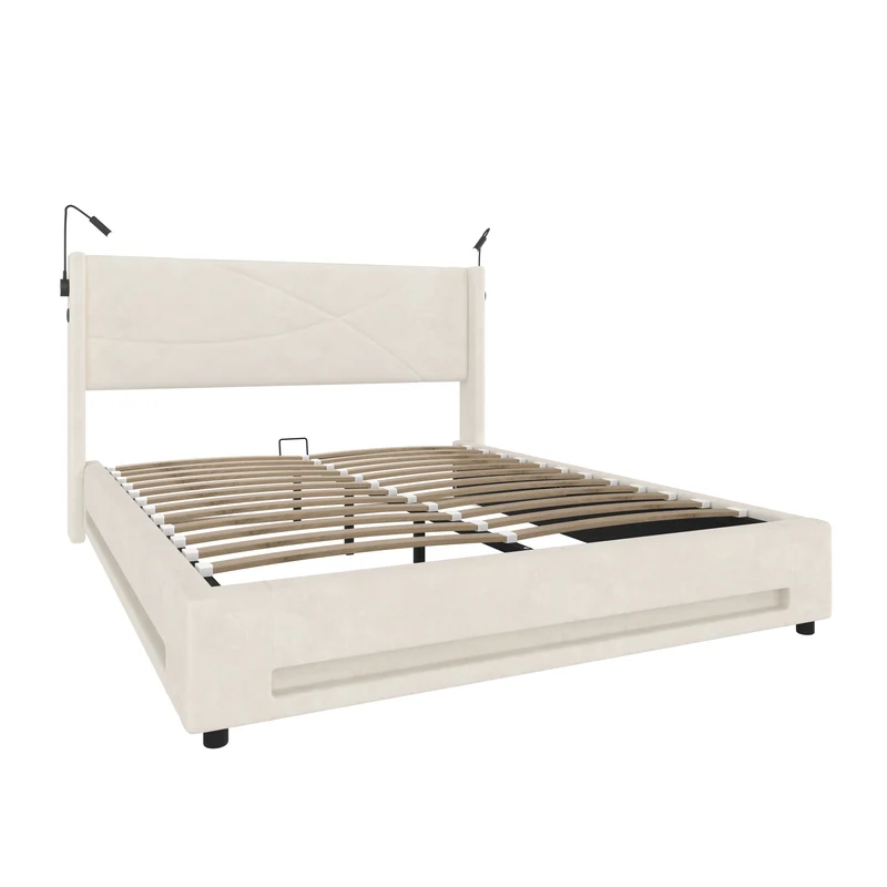 Lit double coffre velours beige avec LED, lampes de lecture et Ports USB 140x200cm VERTEXVALTHYN