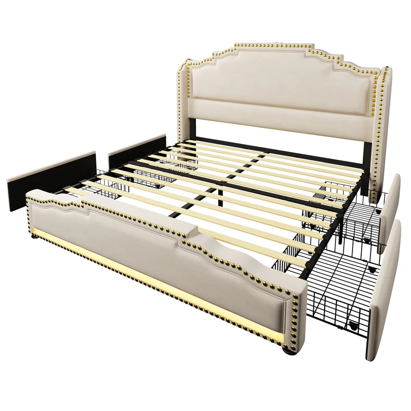 Lit king beige rembourré captionné royal avec éclairage LED et 4 tiroirs 160*200cm STOCZUTS KING BEIGE