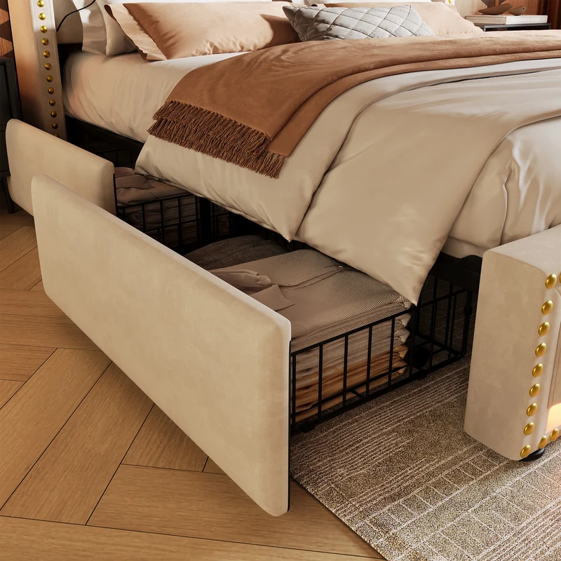 Lit king beige rembourré captionné royal avec éclairage LED et 4 tiroirs 160*200cm STOCZUTS KING BEIGE