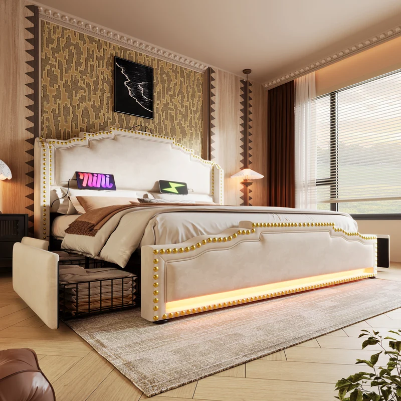 Lit king beige rembourré captionné royal avec éclairage LED et 4 tiroirs 160*200cm STOCZUTS KING BEIGE