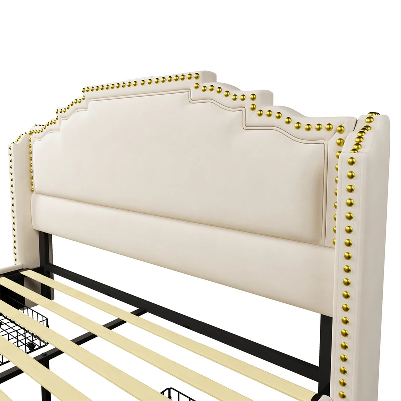 Lit king beige rembourré captionné royal avec éclairage LED et 4 tiroirs 160*200cm STOCZUTS KING BEIGE