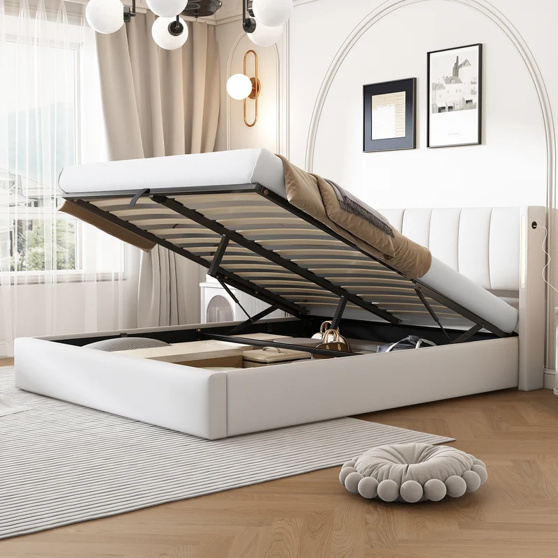 Lit coffre double PU blanc avec éclairage LED, USB et tête de lit réglable (140x200 cm) UDET WHITE DOUBLE