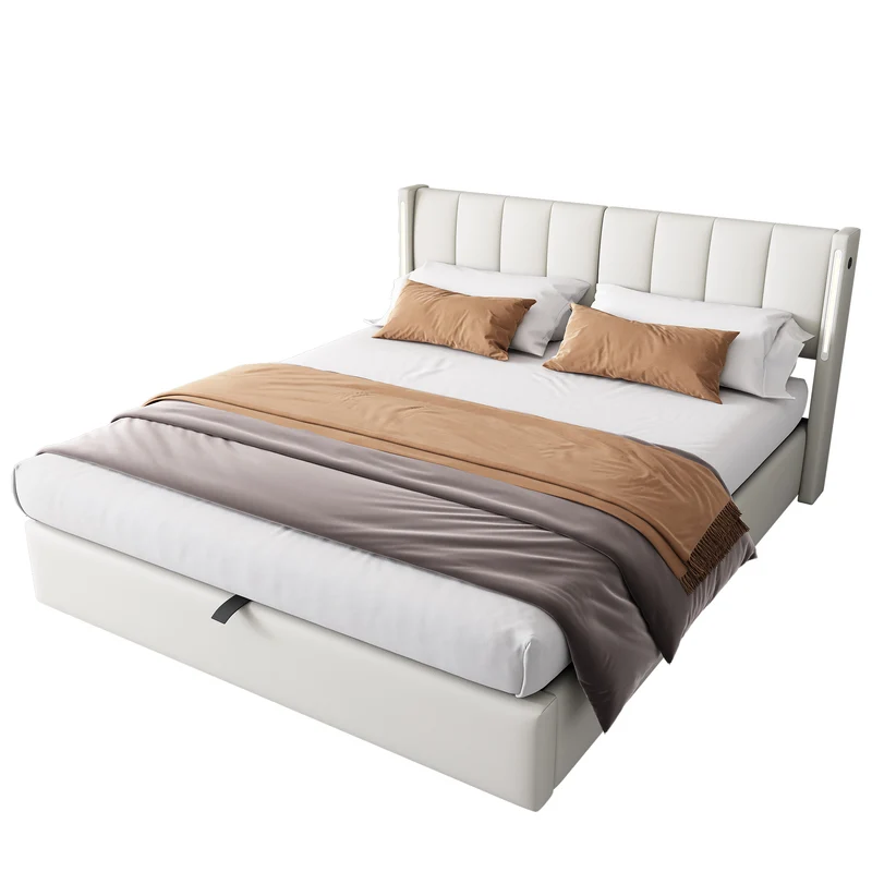 Lit coffre double PU blanc avec éclairage LED, USB et tête de lit réglable (140x200 cm) UDET WHITE DOUBLE