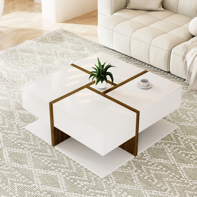 Table basse carrée blanche brillante avec 4 tiroirs et design géométrique 78*78*34,8 cm THURLUNS
