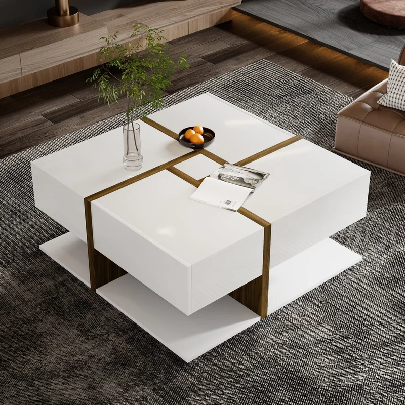 Table basse carrée blanche brillante avec 4 tiroirs et design géométrique 78*78*34,8 cm THURLUNS