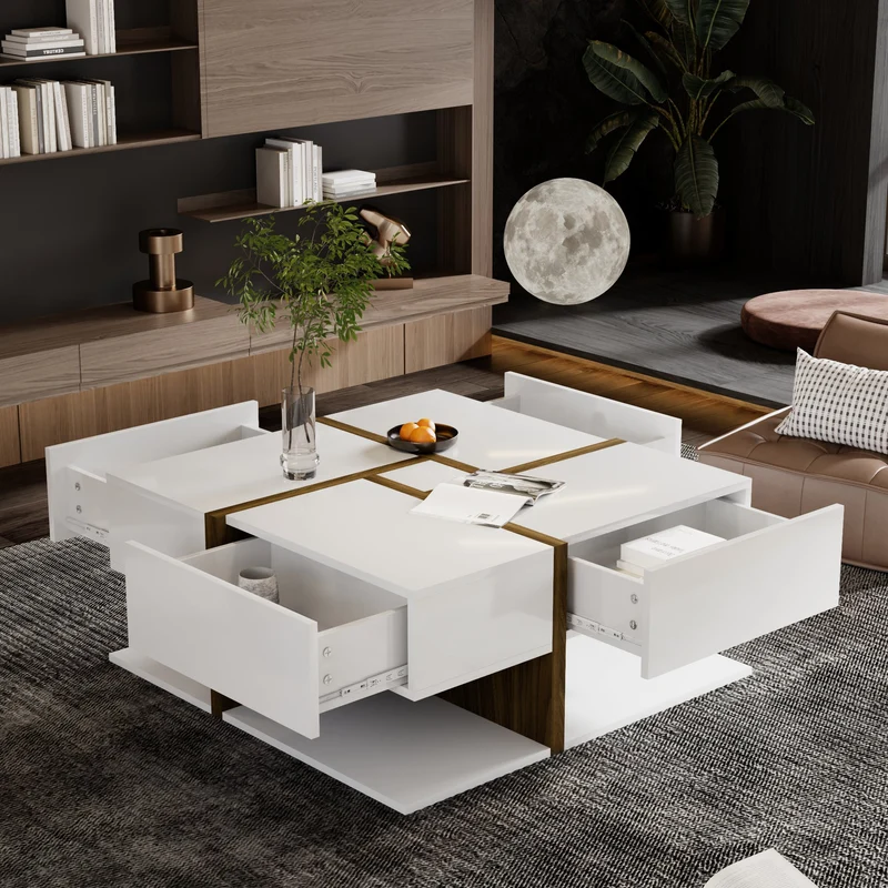 Table basse carrée blanche brillante avec 4 tiroirs et design géométrique 78*78*34,8 cm THURLUNS