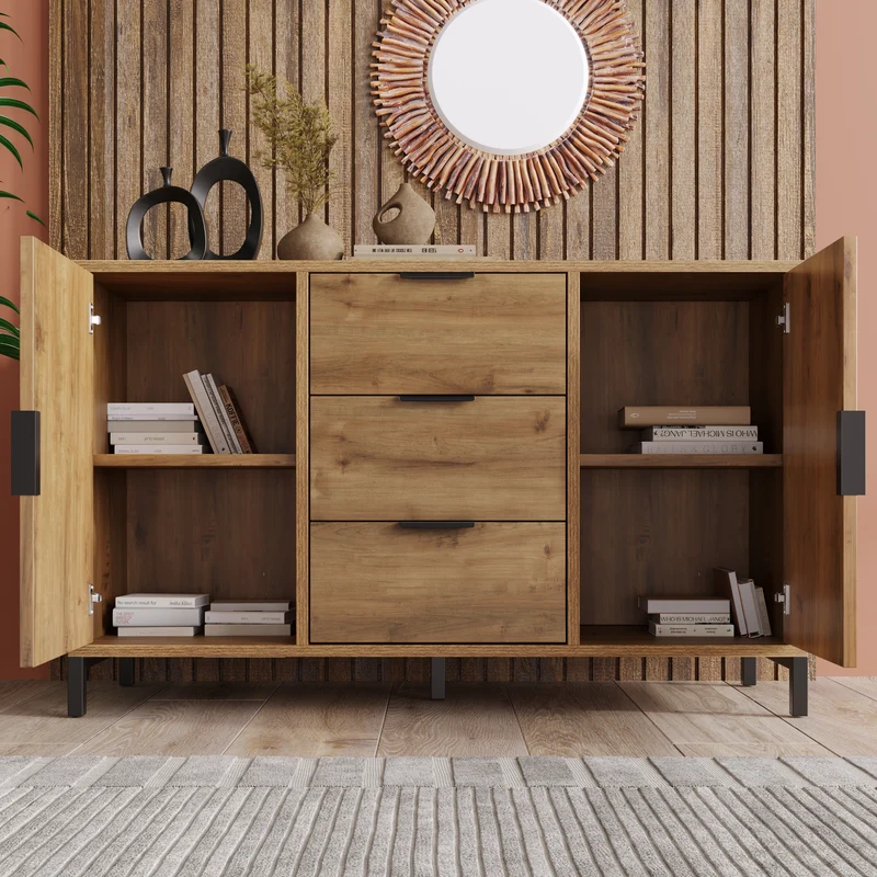 Buffet effet bois chêne foncé style industriel 2 portes 3 tiroirs 120x40x76cm OMNAERS