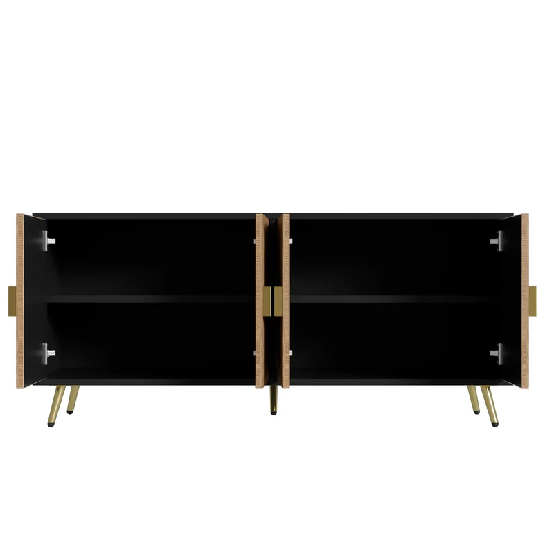 Buffet élégant effet bois brossées et noir 4 portes poignées et pieds dorées 160*40*75 cm VIMIDS