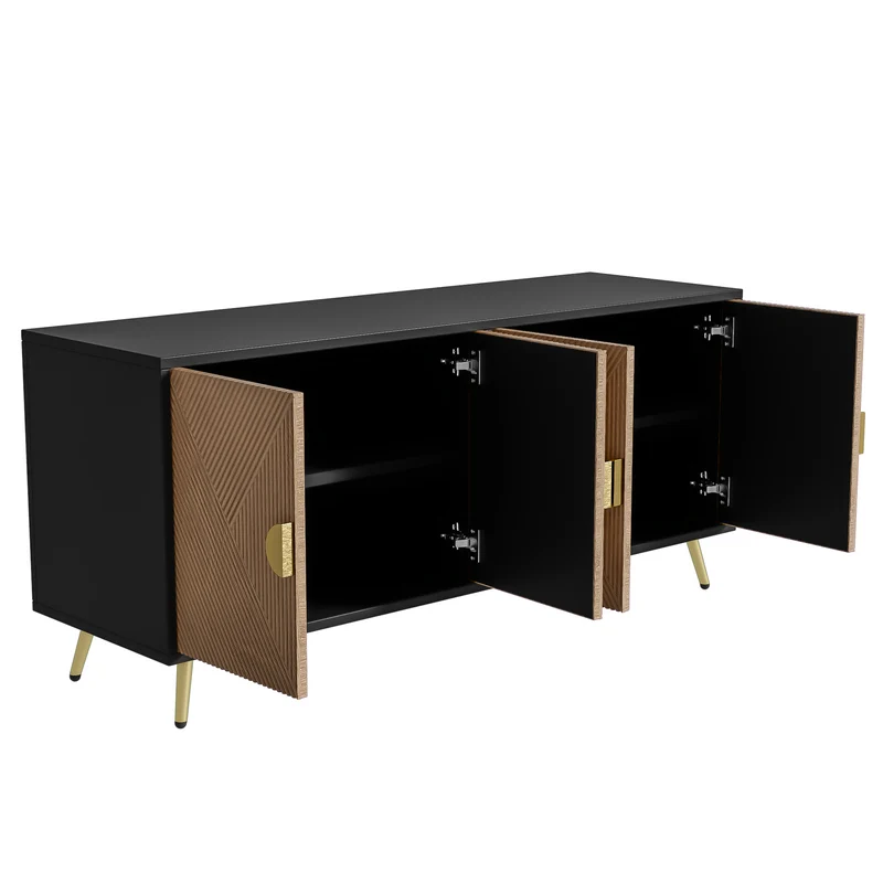 Buffet élégant effet bois brossées et noir 4 portes poignées et pieds dorées 160*40*75 cm VIMIDS
