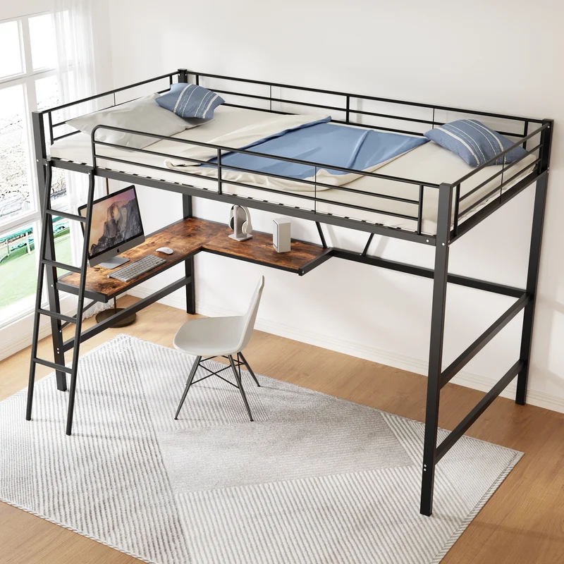 Lit mezzanine lit simple métallique noir avec bureau en L et étagère 90x200cm STOGZODS