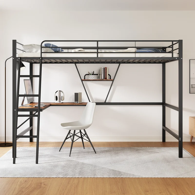 Lit mezzanine lit simple métallique noir avec bureau en L et étagère 90x200cm STOGZODS