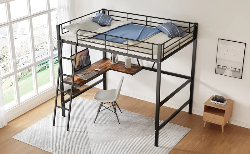 Lit mezzanine lit simple métallique noir avec bureau en L et étagère 90x200cm STOGZODS
