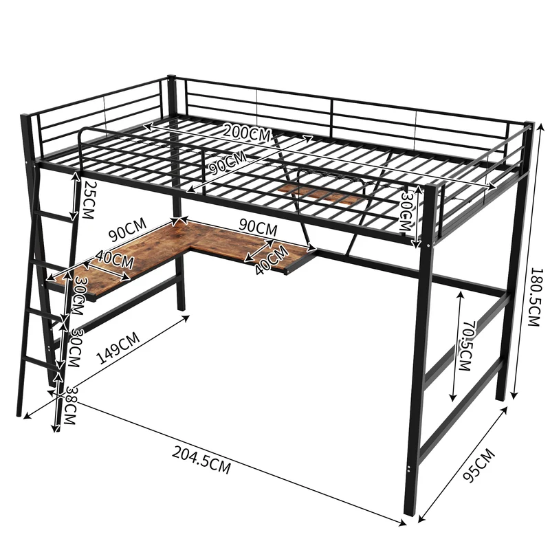 Lit mezzanine lit simple métallique noir avec bureau en L et étagère 90x200cm STOGZODS