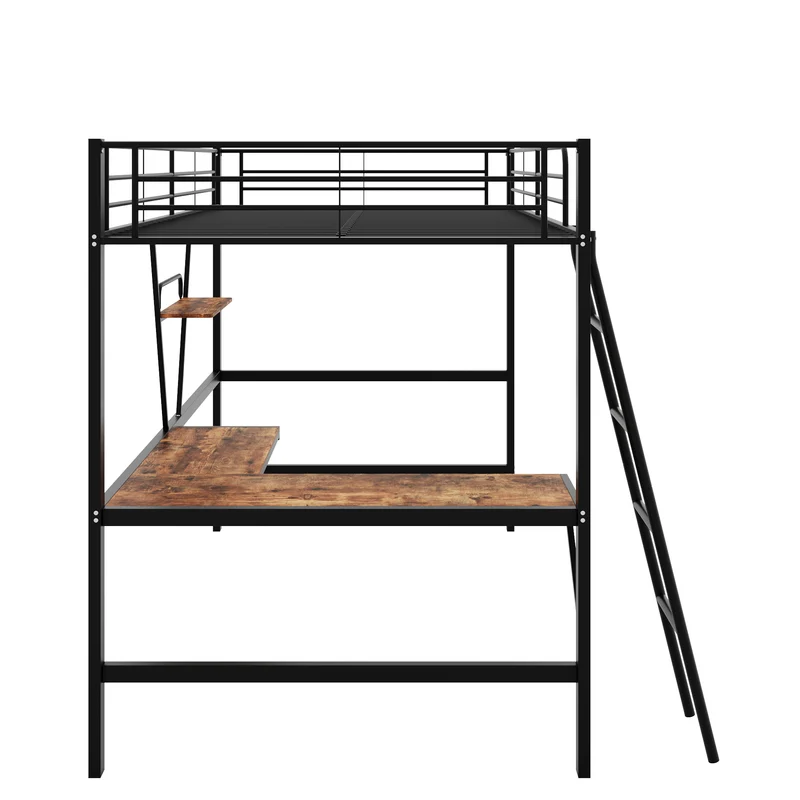 Lit mezzanine lit simple métallique noir avec bureau en L et étagère 90x200cm STOGZODS