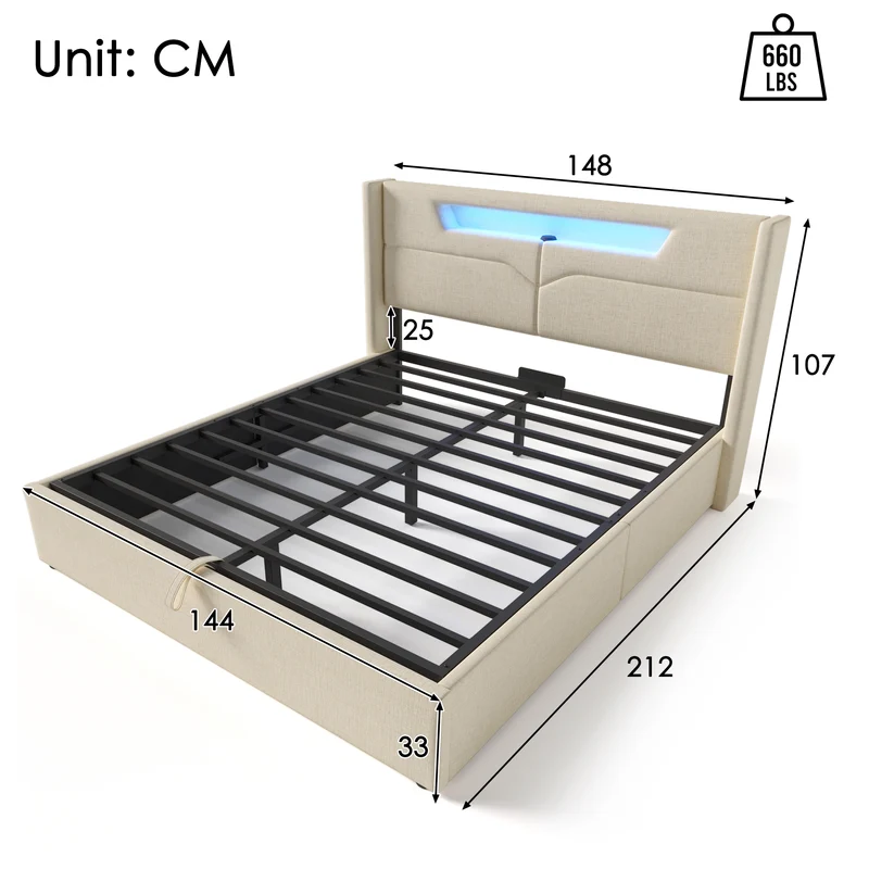 Lit double 140x200cm en lin beige avec LED, rangement, ports USB-C – Design moderne et confortable