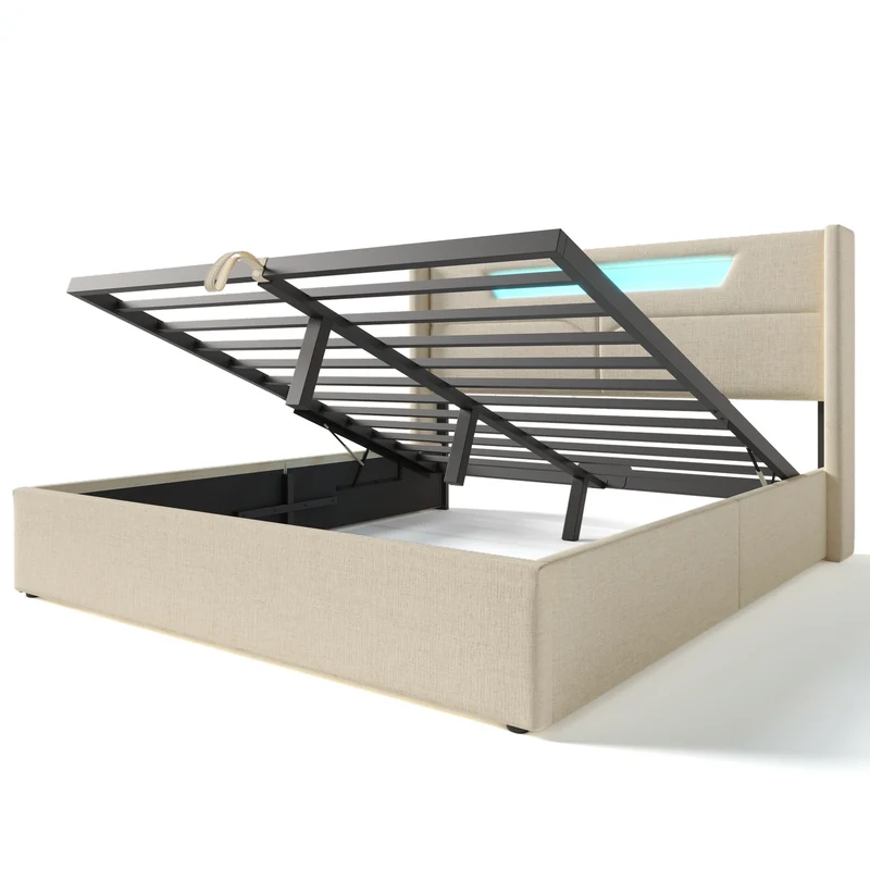 Lit double 140x200cm en lin beige avec LED, rangement, ports USB-C – Design moderne et confortable