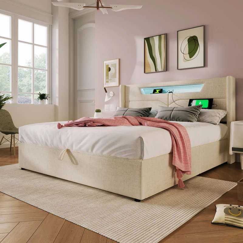 Lit double 140x200cm en lin beige avec LED, rangement, ports USB-C – Design moderne et confortable