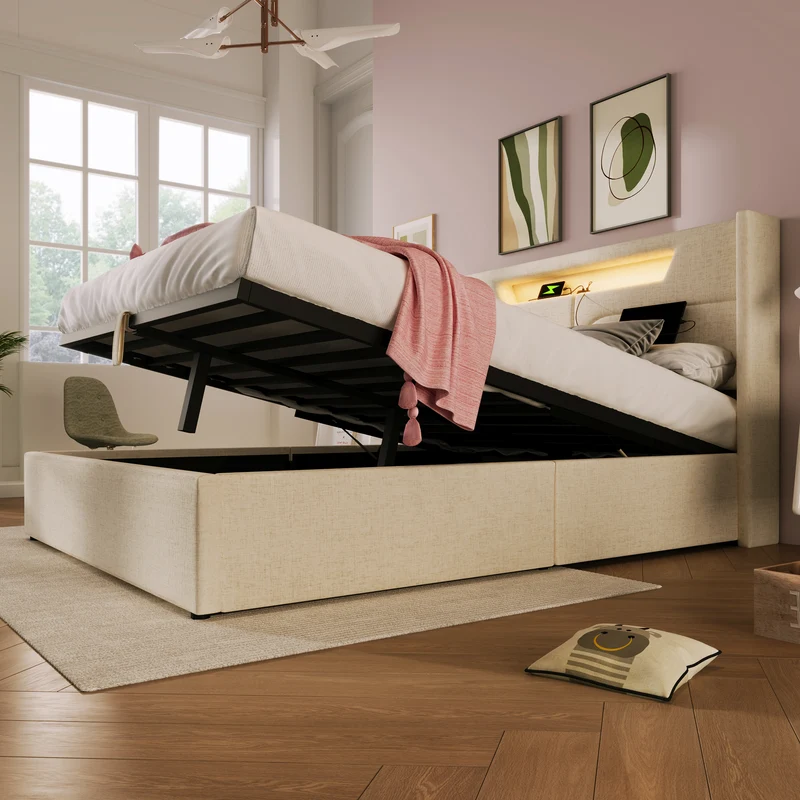 Lit double 140x200cm en lin beige avec LED, rangement, ports USB-C – Design moderne et confortable