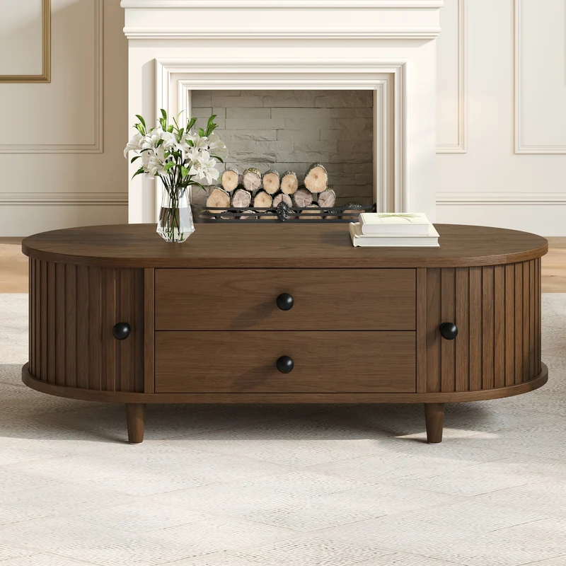 Table basse effet noyer avec portes coulissantes et tiroirs 100x50x36cm LAMP LITE