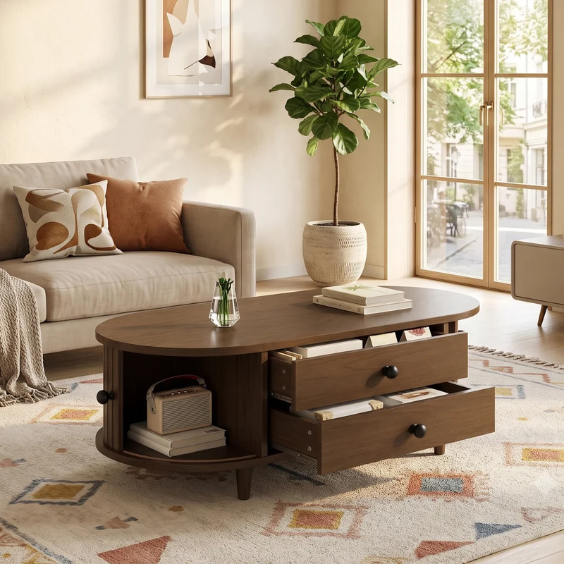 Table basse effet noyer avec portes coulissantes et tiroirs 100x50x36cm LAMP LITE