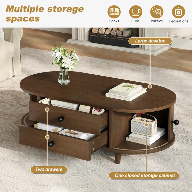 Table basse effet noyer avec portes coulissantes et tiroirs 100x50x36cm LAMP LITE