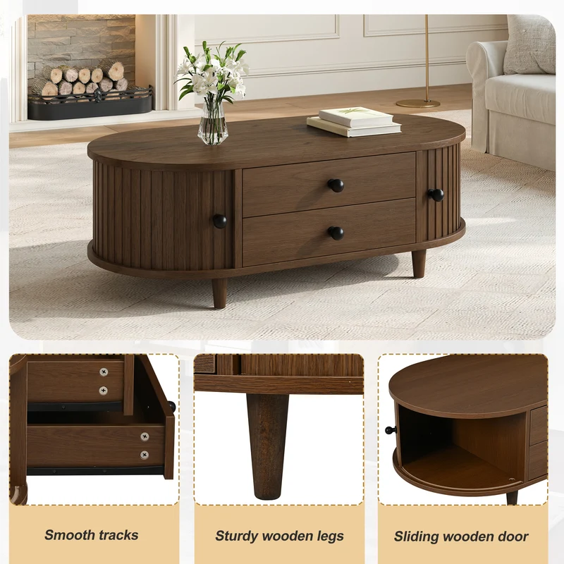 Table basse effet noyer avec portes coulissantes et tiroirs 100x50x36cm LAMP LITE