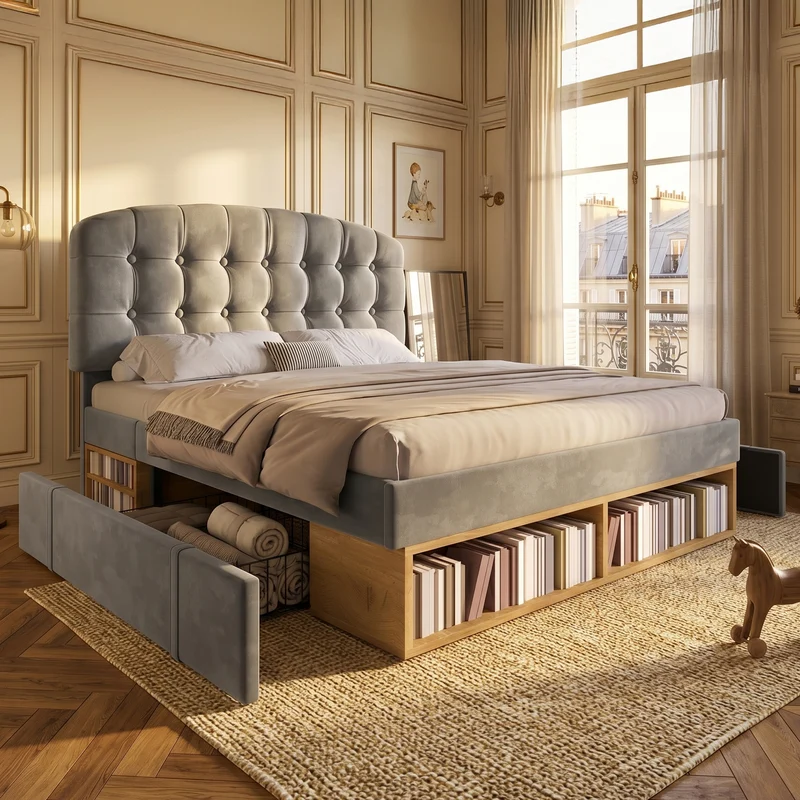 Lit double capitonné en velours gris avec 2 tiroirs de rangement, tête de lit réglable 140x200cm CLASSICBEDSET