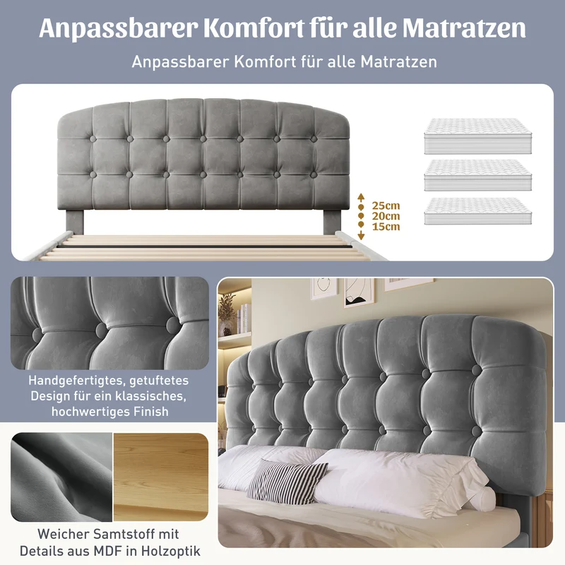 Lit double capitonné en velours gris avec 2 tiroirs de rangement, tête de lit réglable 140x200cm CLASSICBEDSET